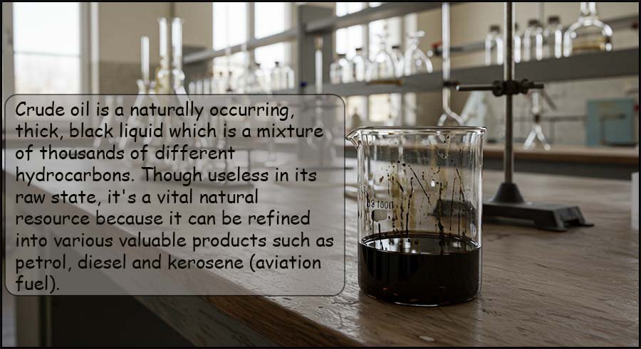 Beaker containing a sample of crude oil sitting on the bench in a chemistry lab.